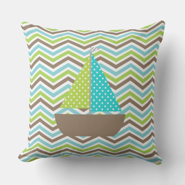 Dotted Sailboat on Chevron Stripe Outdoor Pillow (Front)