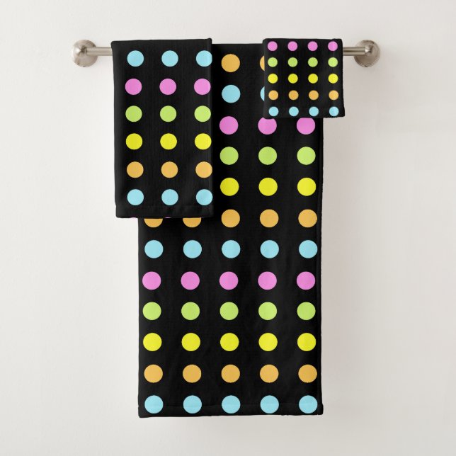 Dotted Stripes in Pastel Colours on Black Bath Towel Set (Insitu)