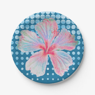 Dotted Teal Blue with Hibiscus Paper Plate