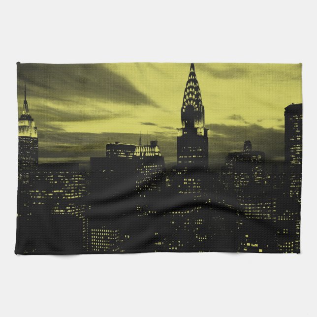 Dotted Yellow Black New York City Kitchen Towel (Horizontal)
