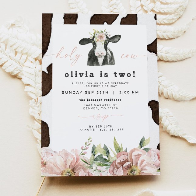 DOTTIE Holy Cow Cute Floral Farm 2nd Birthday Invitation (Creator Uploaded)