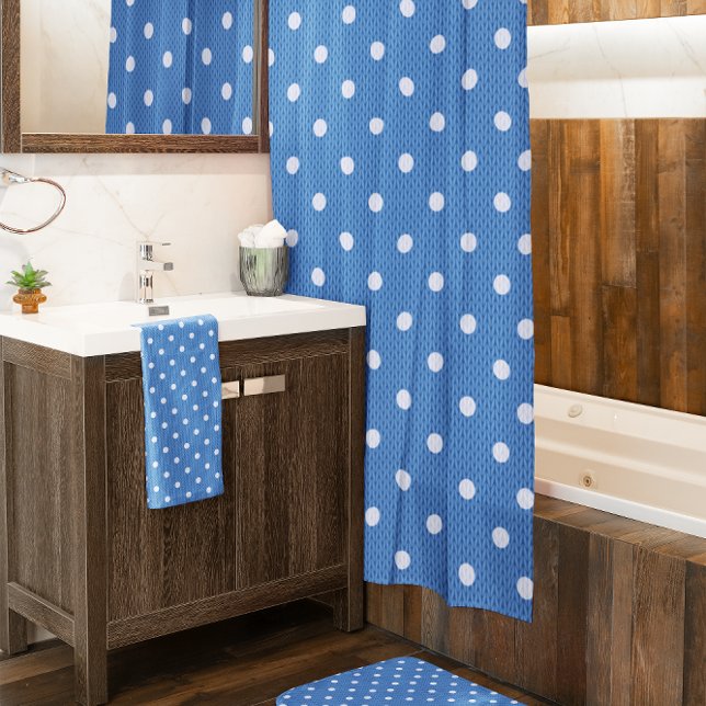 Dotty Delight Blue Shower Curtain (Dotty Delight blue shower curtain in the bathroom. )
