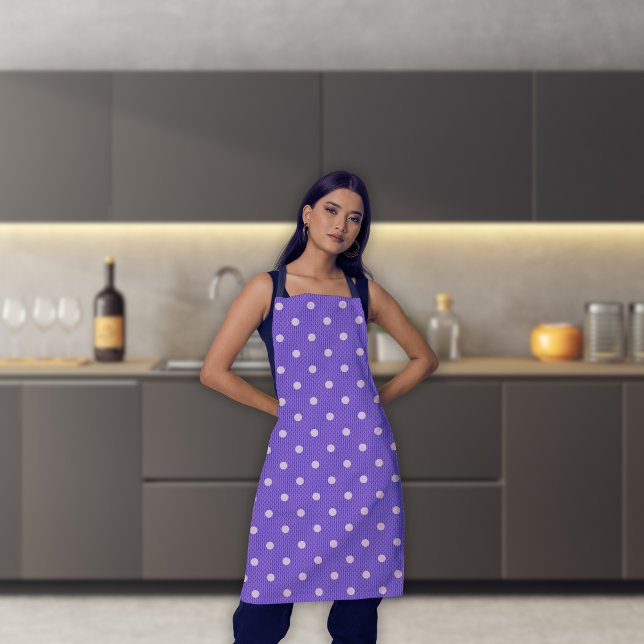 Dotty Delight Purple Apron (A woman in a Dotty Delight Purple apron is standing in the kitchen. )