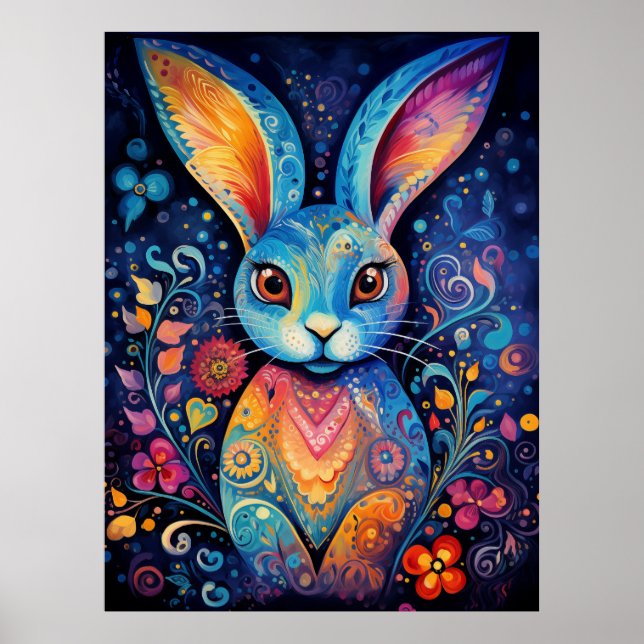 Dotty Delight: Rainbow Doodle Bunny Poster (Front)
