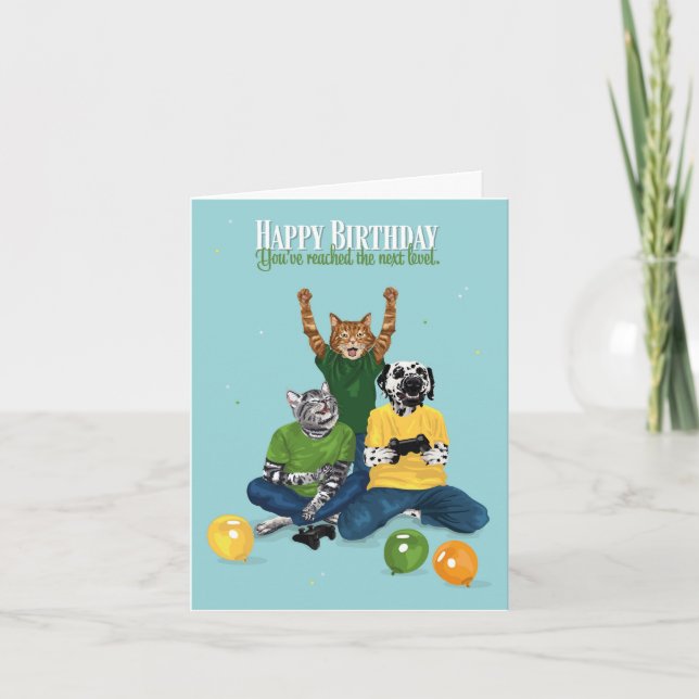Dotty Dog and Kitty Video Game Next Level Birthday Card (Front)