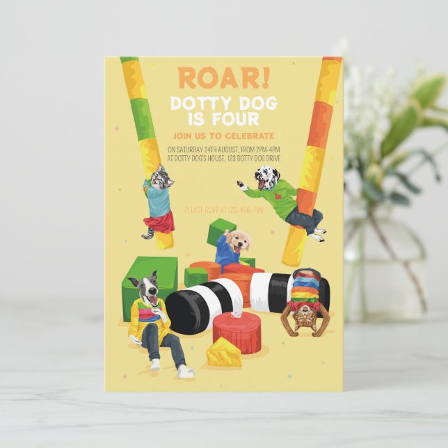 Dotty Dog Roar Soft Play 4th Birthday Party Invitation (Standing Front)