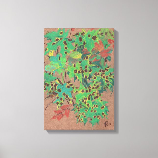 Dotty leaves, autumn floral, green, yellow & brown canvas print (Front)