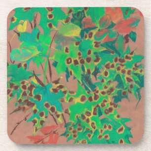Dotty leaves, autumn floral, green, yellow & brown coaster