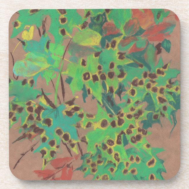 Dotty leaves, autumn floral, green, yellow & brown coaster (Front)