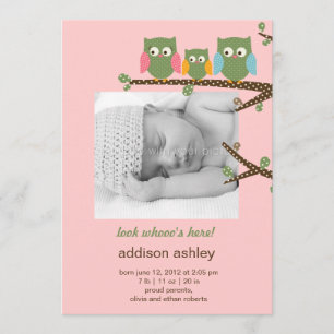 Dotty Owls Baby Girl Faire-part de naissance