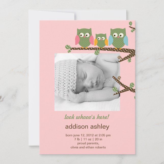 Dotty Owls Baby Girl Faire-part de naissance (Devant)