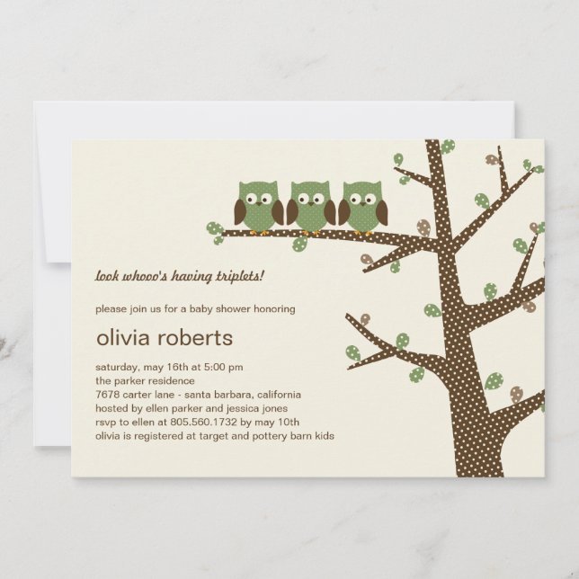 Dotty Owls Triplets Baby shower Invitation (Devant)
