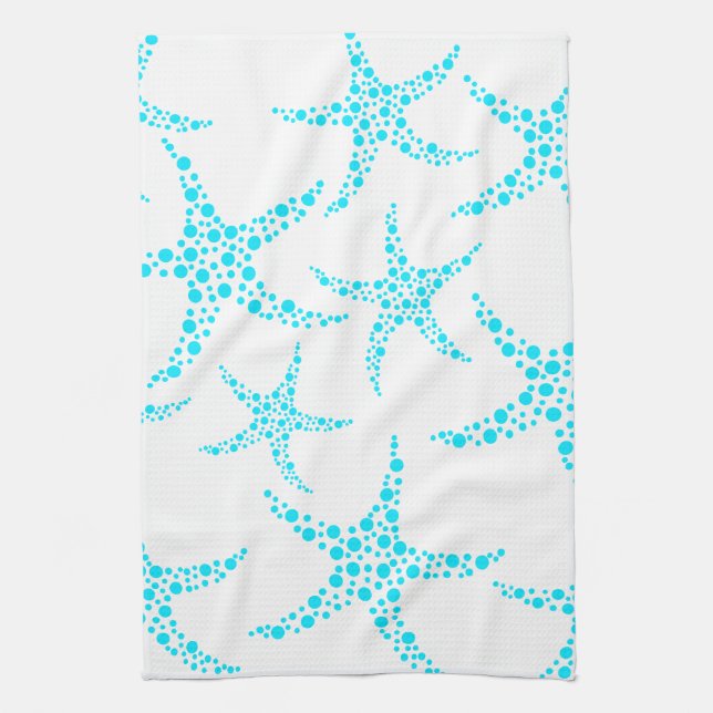 Dotty Starfish Pattern in Turquoise and White. Kitchen Towel (Vertical)
