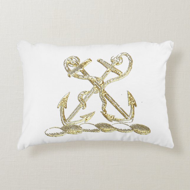 Double Anchor Heraldic Crest Emblem Faux Gold Accent Pillow (Front)