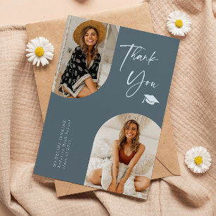 Double Arch Steel Blue Graduation Photo Thank You Card