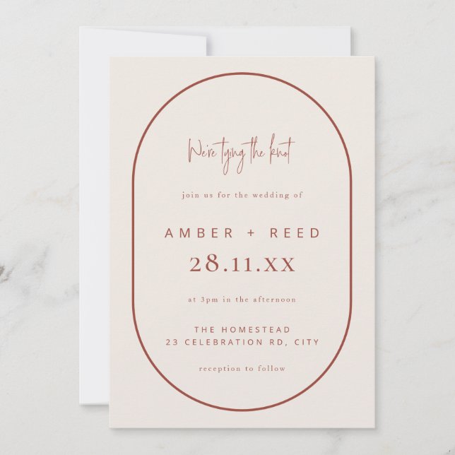 Double Arch Tying Knot Wedding Terracotta Script  Invitation (Front)