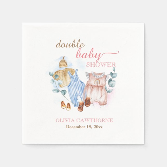 Double Baby Shower  Watercolor Pink Blue Napkin (Front)