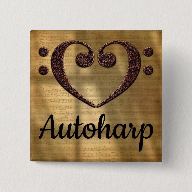Double Bass Clef Heart Autoharp 2 Inch Square Button (Front)