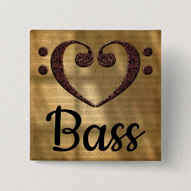 Double Bass Clef Heart Bass 2 Inch Square Button (Front)