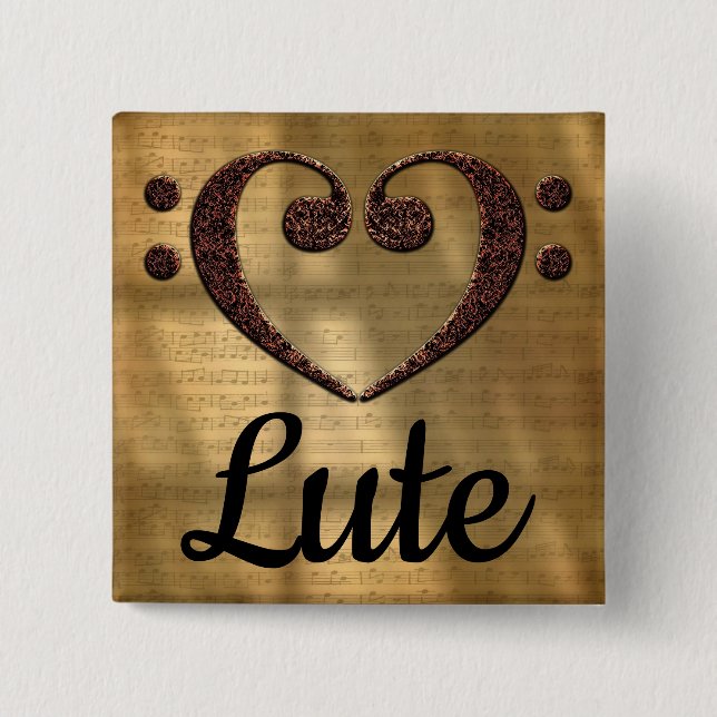 Double Bass Clef Heart Lute 2 Inch Square Button (Front)