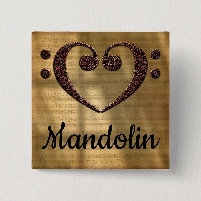 Double Bass Clef Heart Mandolin 2 Inch Square Button (Front)