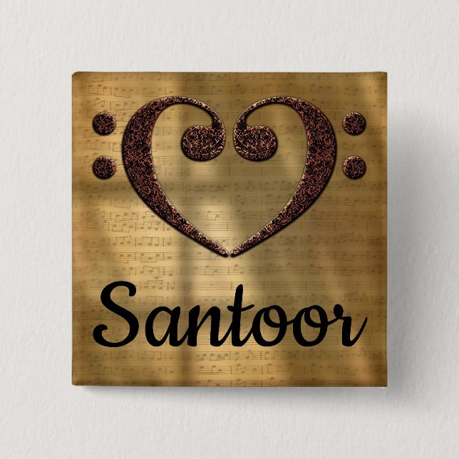 Double Bass Clef Heart Santoor 2 Inch Square Button (Front)