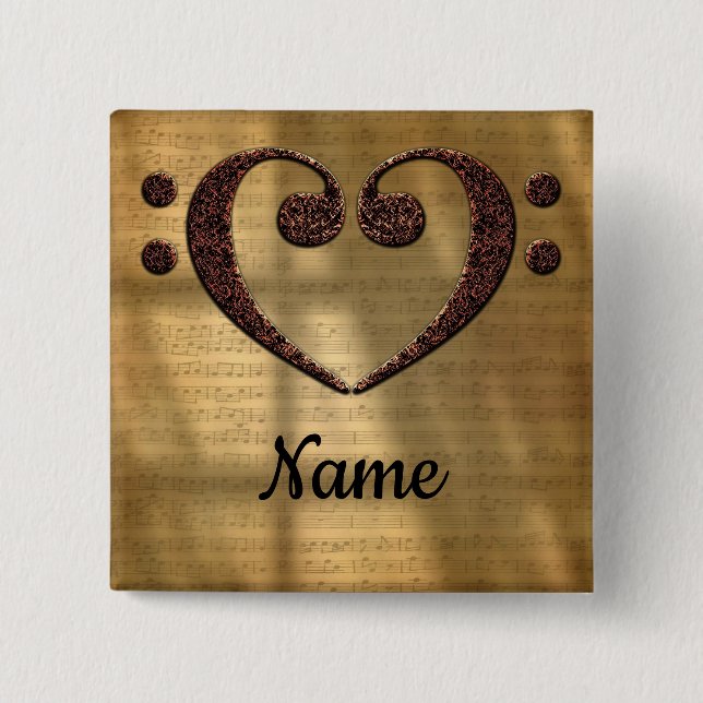 Double Bass Clef Heart Sheet Music Customized 2 Inch Square Button (Front)