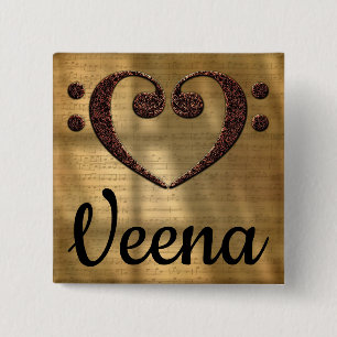 Double Bass Clef Heart Veena 2 Inch Square Button