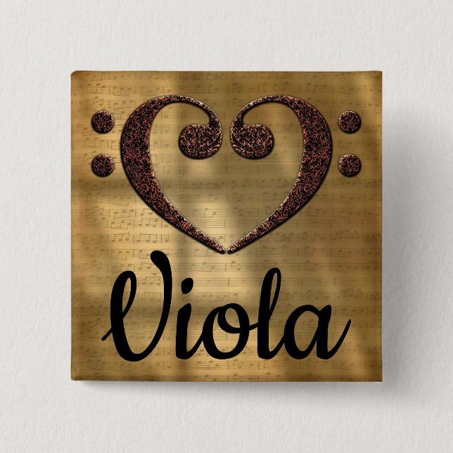 Double Bass Clef Heart Viola 2 Inch Square Button (Front)