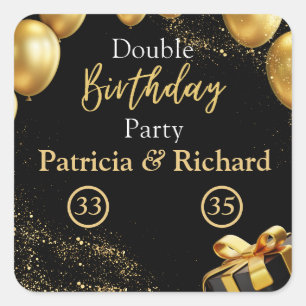 Double Birthday Party Black and Gold Elegant Square Sticker