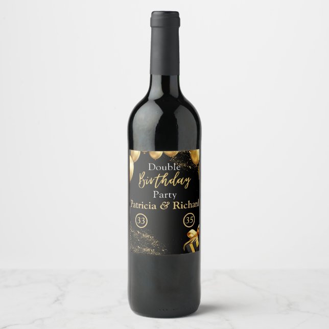 Double Birthday Party Black and Gold Elegant Wine Label (Front)