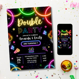 Double Birthday Twin Neon Siblings Birthday Glow Invitation