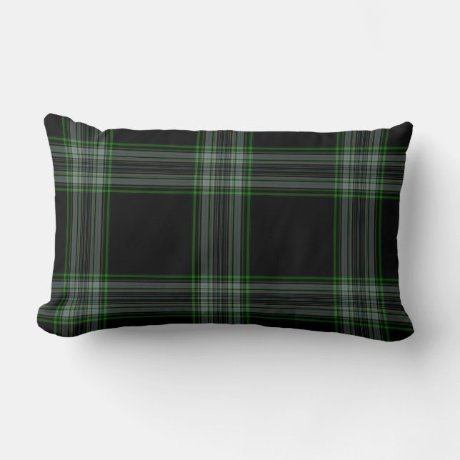 Double Black Green Tartan Plaid Lumbar Pillow (Front)