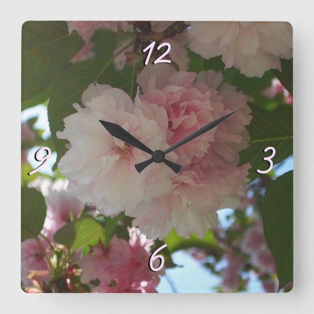 Double Blossoming Cherry Tree I Spring Floral Square Wall Clock (Front)