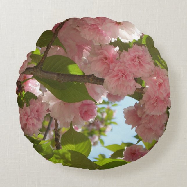 Double Blossoming Cherry Tree III Spring Floral Round Pillow (Front)