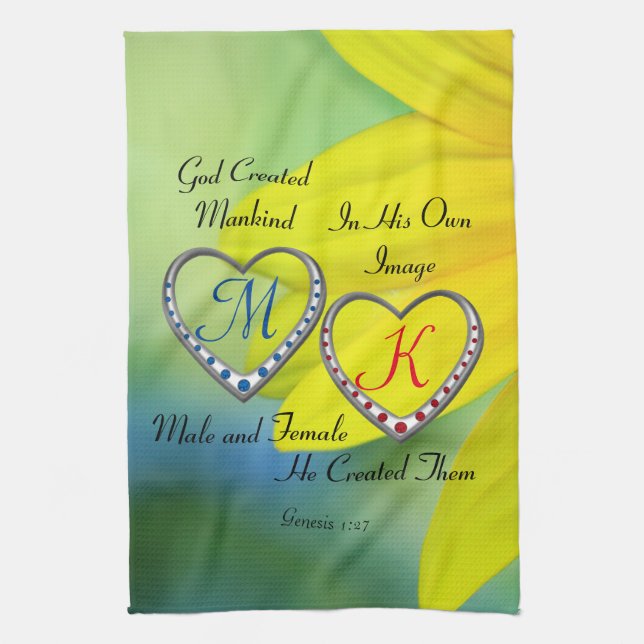 Double Blue and Red Heart Monograms w/Bible Quote Kitchen Towel (Vertical)