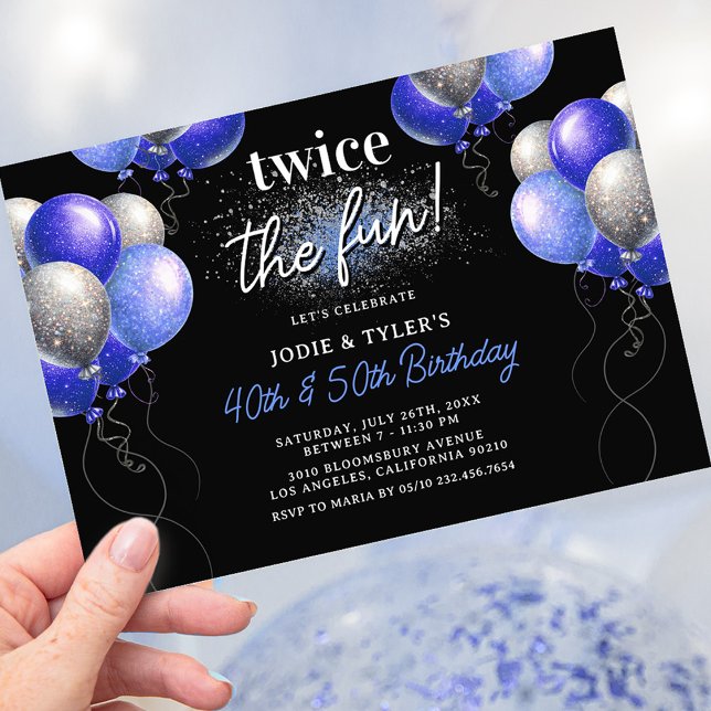 Double Blue and Silver Balloon Joint Birthday Invitation (Creator Uploaded)