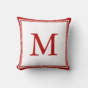 Double Border and Letter Red and White Throw Pillow
