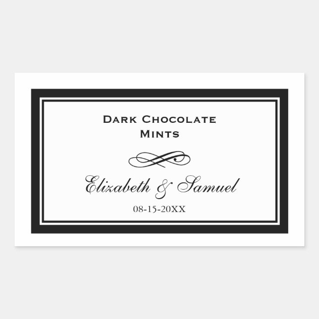 Double border black swirl wedding reception candy sticker (Front)