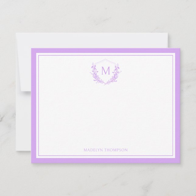 Double Border Lavender Floral Crest Monogram Card (Front)