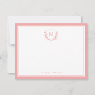 Double Border Peach Floral Crest Classic Monogram Card