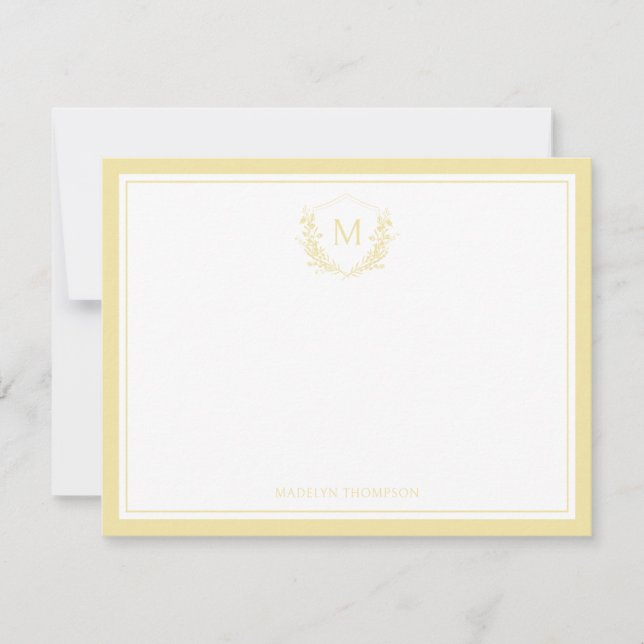 Double Border Yellow Floral Crest Classic Monogram Card (Front)