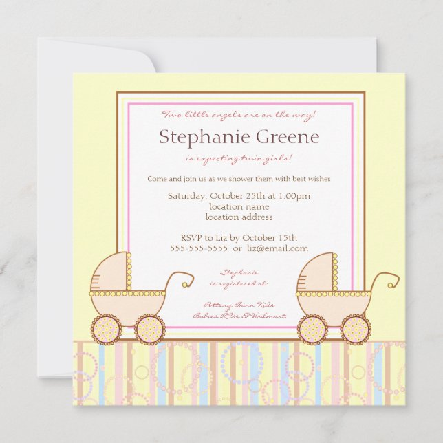 Double Carriage Twin Girl Baby Shower Invitation (Front)