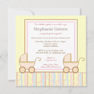 Double Carriage Twin Girl Baby Shower Invitation