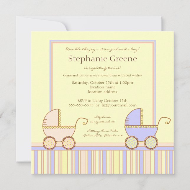 Double Carriage Twin Girl Boy Shower Invitation (Front)
