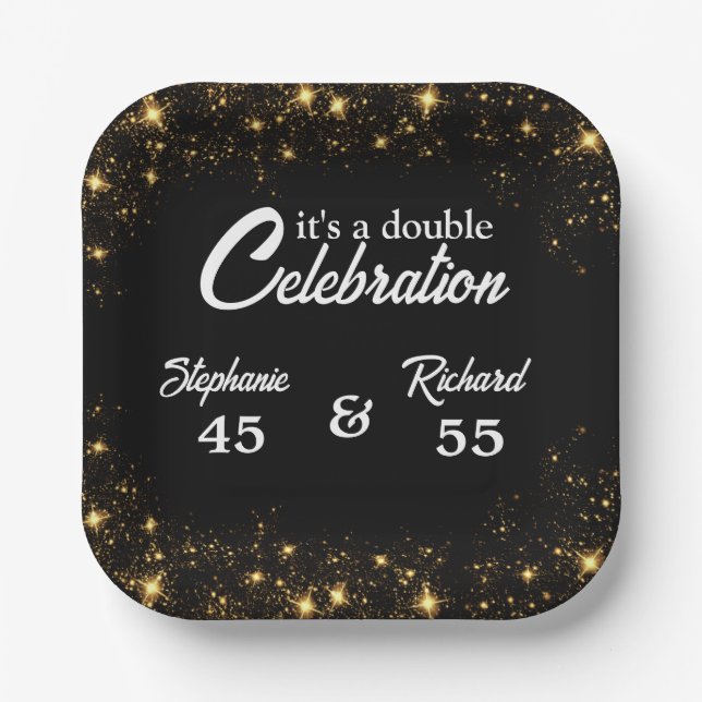 Double Celebration Joint Birthday Gold Black  Paper Plate (Front)