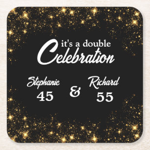 Double Celebration Joint Birthday Gold Black  Square Paper Coaster