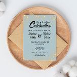 Double Celebration Joint Birthday Gold Blue Invitation<br><div class="desc">Elegant Double Celebration: Announce your dual milestone with our sophisticated "It's a Double Celebration" joint birthday invitation. With a white background and golden sparkles, this design beautifully displays the names, ages, and party details in a modern serif font. The back features the inviting message "Join Double the Fun." Customizable to...</div>