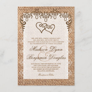 Double Coeur Rustique Burlap Invitations de mariag