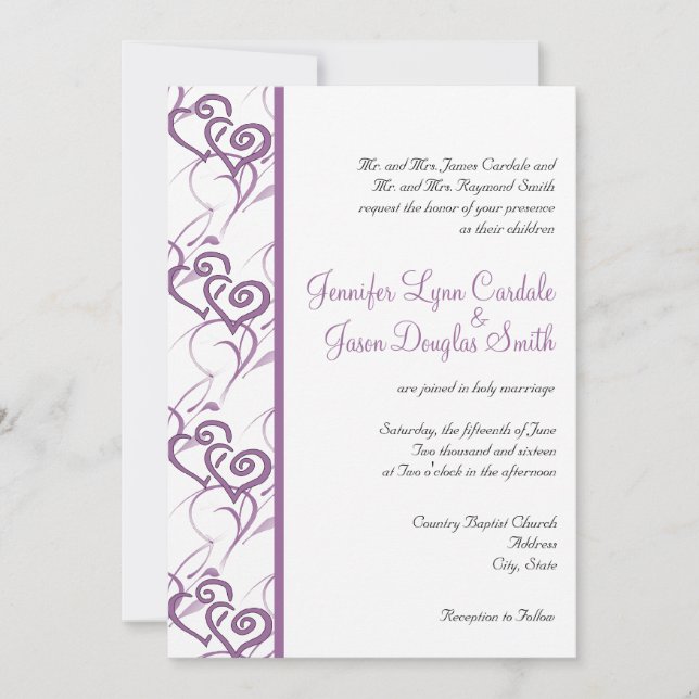 Double Coeur Violet Frappe Les Invitations De Mari (Devant)
